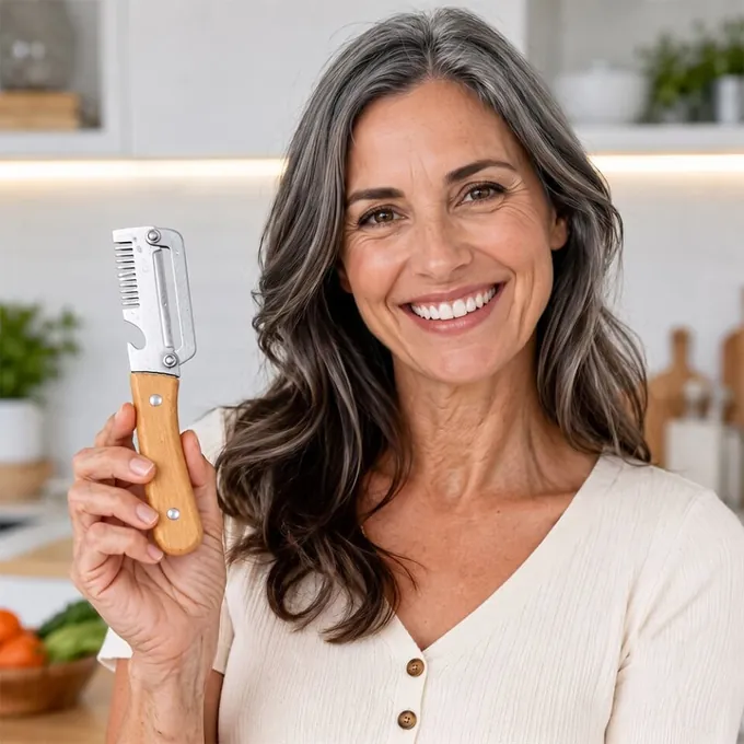 Een vrouw met lang grijs haar houdt glimlachend PeelPro vast in haar keuken