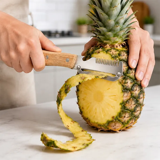 Een ananas wordt geschild met PeelPro, een lange schil krult naar beneden
