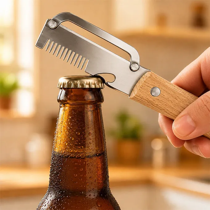 PeelPro als flesopener op een bruine glazen fles
