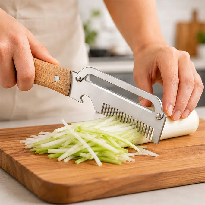 Komkommer in julienne gesneden met PeelPro op een houten plank
